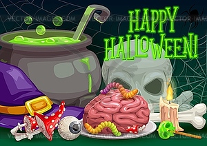 Halloween witch hat, spider, skull, zombie brain - vector image