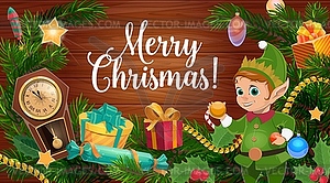 Christmas tree, gifts and elf on wooden background - vector clipart