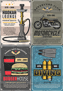 Diving, motorcycle and hookah, burger house - vector clipart / vector image