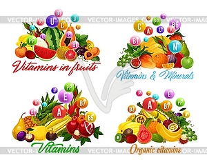 Vitamins and minerals in fruits, berries - vector image