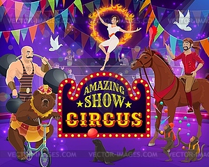 Big top circus show. Trained animals, performers - vector clip art