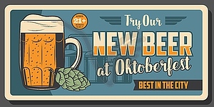 New beer taste, mug with drink and green hop - vector image