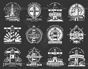 Lighthouseand beacon icons, marine navigation - vector image