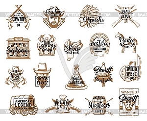 Western symbols. Cowboy, apache wild west icons - royalty-free vector clipart