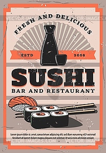 Retro sushi bar, soy sauce and chopsticks, rolls - vector clip art