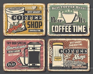 Retro coffee shop, cup of hot drink and beans - vector image