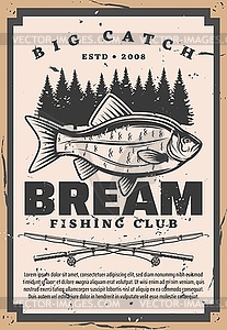 Retro fishing club, bream fish and rods tentacles - vector clip art