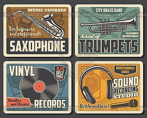 Trumpets, retro vinyl records, mic and saxophone - vector image