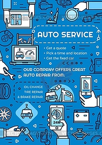 Vehicle auto service car repair diagnostics linear - color vector clipart