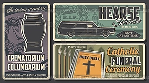 Hearse rent, cremation urn. Bible funeral ceremony - vector clip art