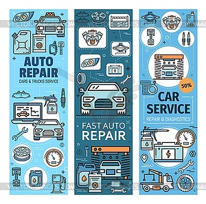Vehicles diagnostics and repair, auto spare parts - vector clip art