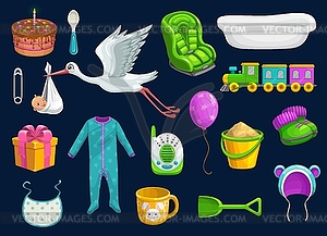 Baby item icons. Toys, cup, spoon, bib and stork - vector image