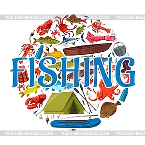 Fishing boat, rod, fish and fisherman equipment - color vector clipart