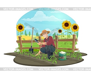 Farmer with shovel, trowel and fertilizer at farm - vector clipart / vector image