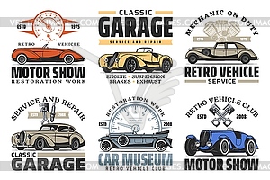 Car service station, vintage motor club show - vector image