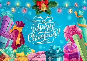 Christmas gifts with Xmas bell, holly and lights - vector clip art