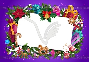 Christmas frame of Xmas tree, gifts and bell - vector clipart