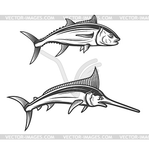 Swordfish and tuna monochrome icons - vector clip art