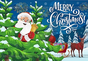 Santa with Christmas bell, sleigh and Xmas gifts - royalty-free vector clipart