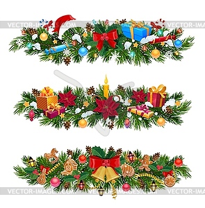 Christmas tree and holly garland with Xmas gifts - vector image