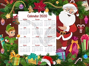 Christmas calendar with Santa, elf and Xmas gifts - vector image