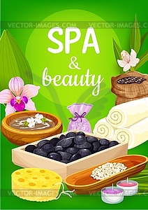 Spa massage stones, towels, candles and flowers - vector image