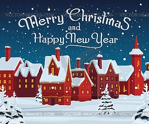 Christmas houses with Xmas lights. Winter holidays - vector clip art