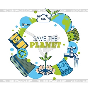 Earth planet, green tree and recycle bins icon - vector clipart