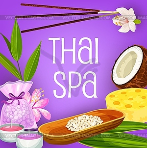 Aromatherapy candles, bath salt, flowers. Thai spa - vector clip art