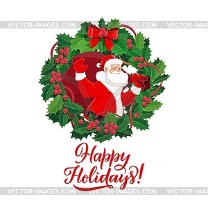 Santa, Christmas gift and holly berry tree wreath - vector clipart