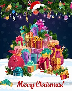 Christmas gifts and New Year presents on snow - vector image