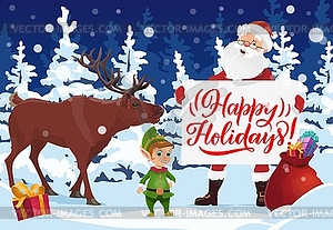 Santa with Christmas card, Xmas gift, deer and elf - vector clipart