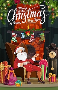 Santa Claus, Christmas fireplace and Xmas gifts - vector clip art