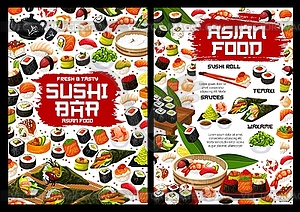 Sushi rolls, sashimi, maki, temaki. Japanese food - vector clip art