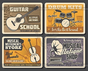 Drum, guitar, gramophone, vinyl records. Music - vector clip art