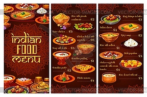Indian cuisine dishes and dessert menu - vector image