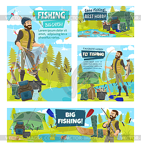 Fishermen with fish, fishing net, boat and rod - vector clip art