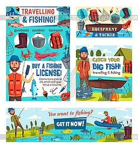 Fishermen with fish, fishing tackle and equipment - vector clipart