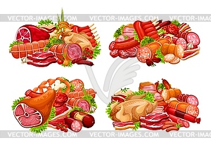 Beef meat, pork sausages, chicken, ham, salami - vector image