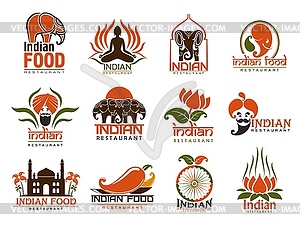 Indian food icons, elephants, lotus, chilli pepper - royalty-free vector clipart