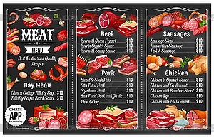 Menu of grilled meat sausages, beef, pork, chicken - vector image