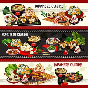 Japanese shrimp rice, vegetable salads, miso meat - vector clip art
