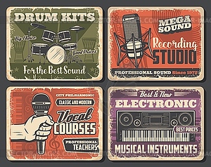 Microphones, drum, synthesizers. Music shop - vector image