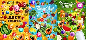 Exotic fruit vitamins with plastic bottle - vector clipart