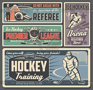 Ice hockey players on rink with sticks and pucks - vector clipart