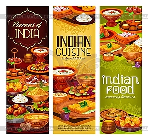 Indian meat curry, rice and vegetables, dessert - vector clip art