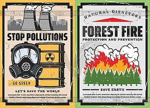 Burning forest trees, toxic waste and gas mask - vector clipart