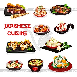 Japanese vegetable salads with meat and seafood - vector image