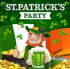 St Patrick shamrock, Irish green beer, leprechaun - vector image