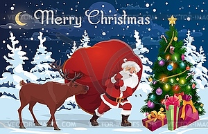 Santa and deer with bag of Christmas gifts - vector image